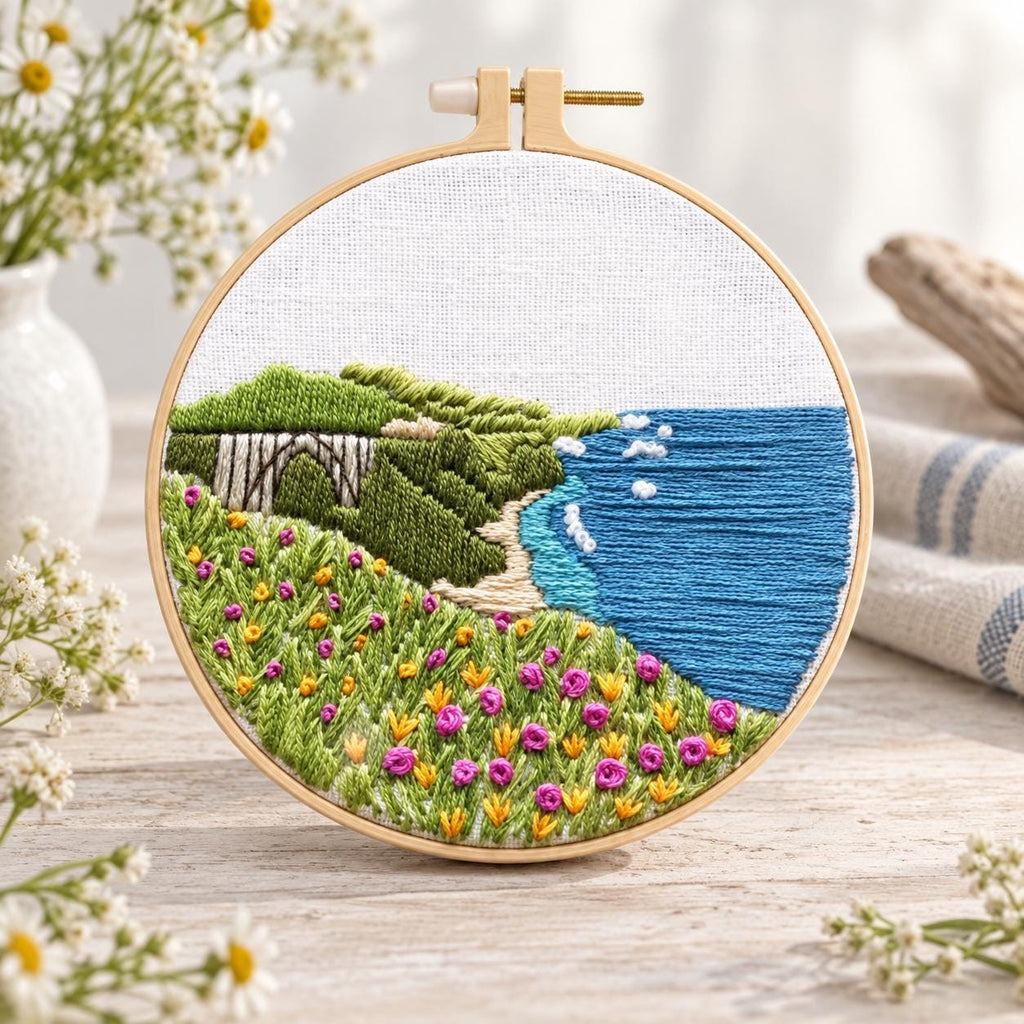 Coastal Landscape Embroidery Kit, 8-Inch Wildflower Seaside Needlework Set for Beginners