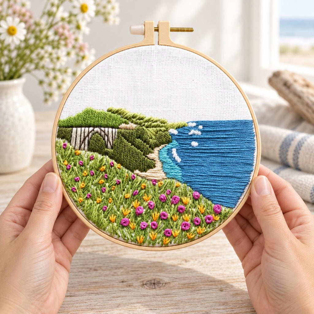 Coastal Landscape Embroidery Kit, 8-Inch Wildflower Seaside Needlework Set for Beginners