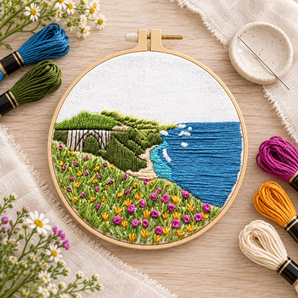 Coastal Landscape Embroidery Kit, 8-Inch Wildflower Seaside Needlework Set for Beginners