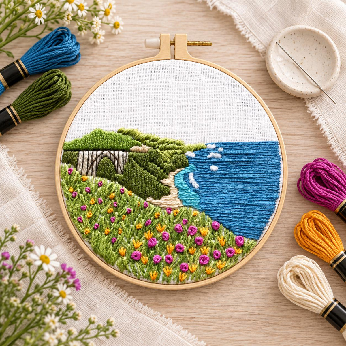 Coastal Landscape Embroidery Kit, 8-Inch Wildflower Seaside Needlework Set for Beginners