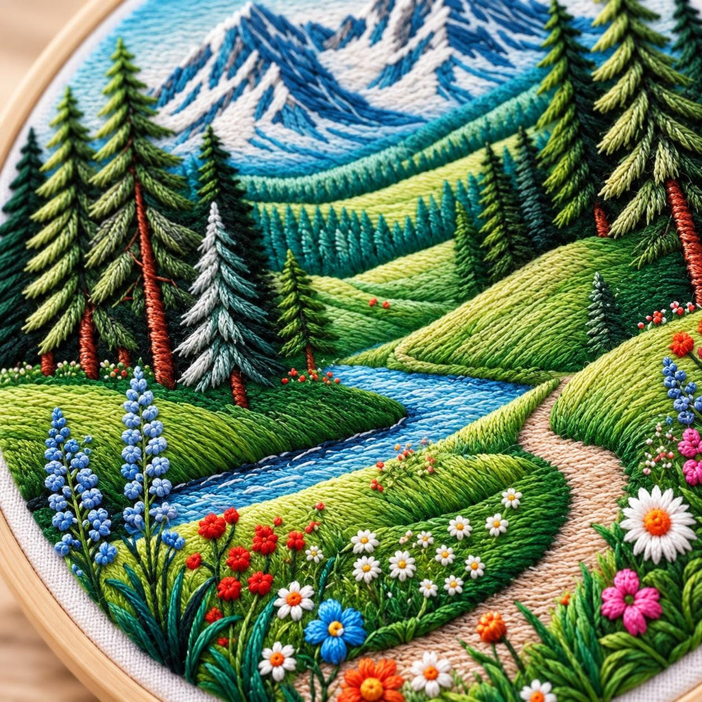 Mountain Landscape Embroidery Kit, 8-Inch Alpine Meadow Needlework Set for Beginners