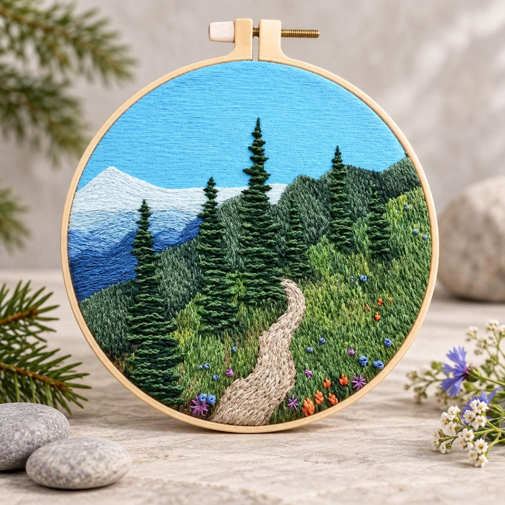 Mountain Trail Embroidery Kit, 8-Inch Evergreen Forest Needlework Set for Beginners