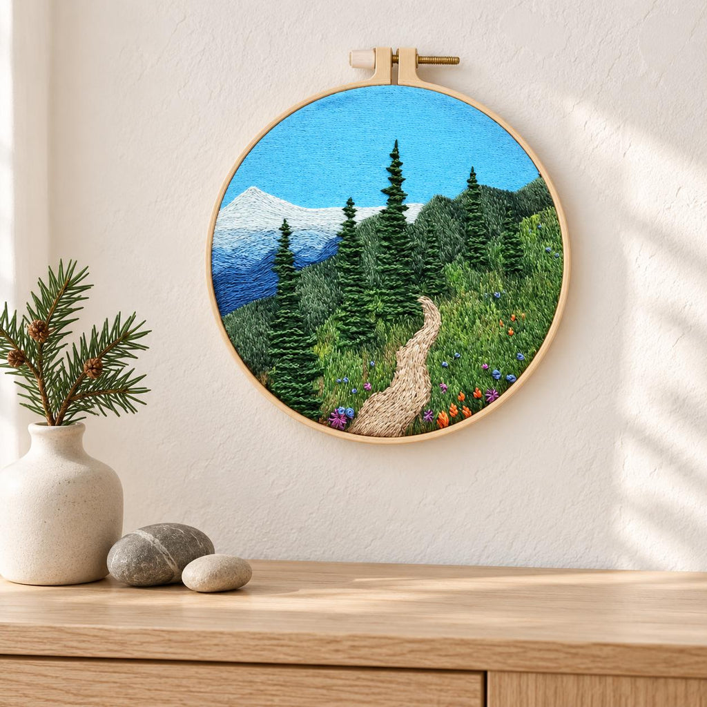 Mountain Trail Embroidery Kit, 8-Inch Evergreen Forest Needlework Set for Beginners