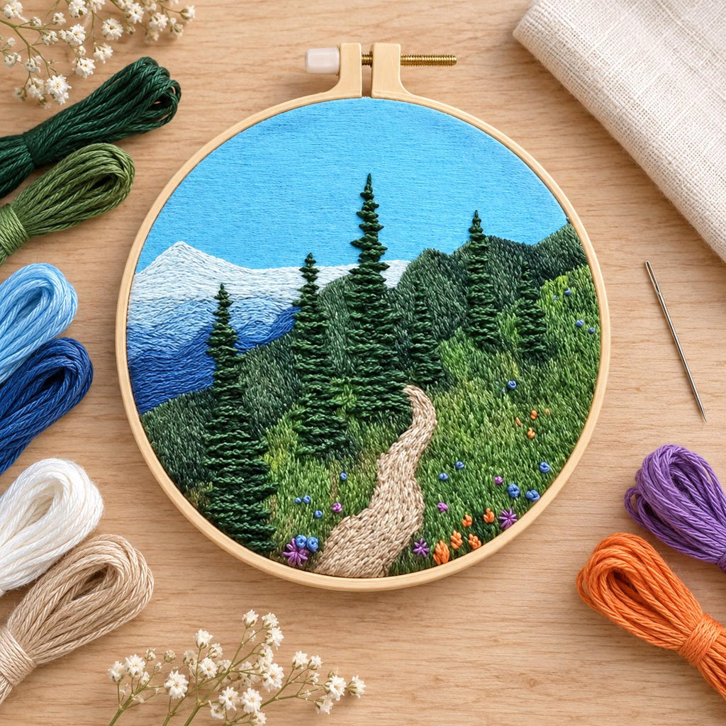 Mountain Trail Embroidery Kit, 8-Inch Evergreen Forest Needlework Set for Beginners