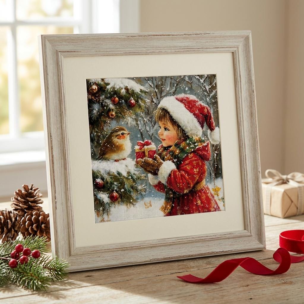 Christmas Cross Stitch Kit 40x40cm, 14CT Stamped Cross Stitch Kit for Adults, Winter Girl Embroidery Kit, Holiday Needlework Gift