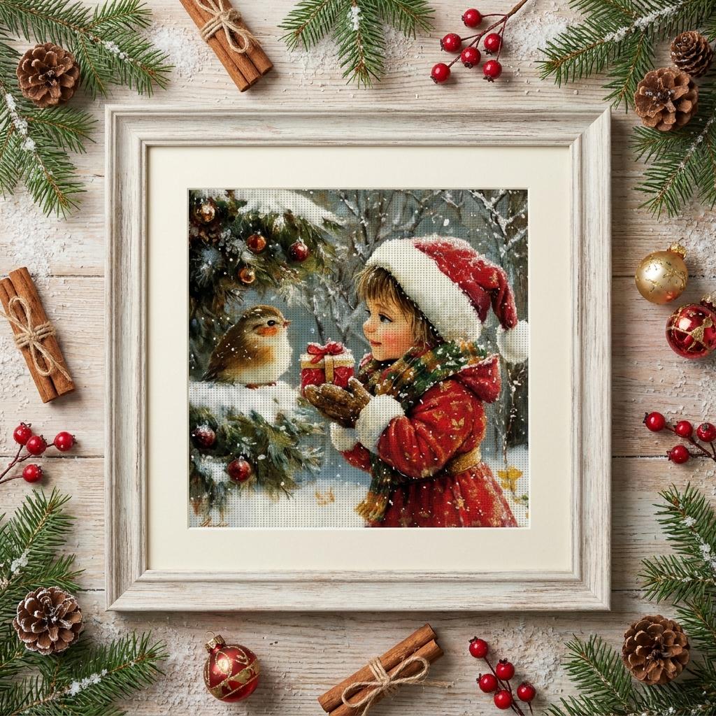 Christmas Cross Stitch Kit 40x40cm, 14CT Stamped Cross Stitch Kit for Adults, Winter Girl Embroidery Kit, Holiday Needlework Gift