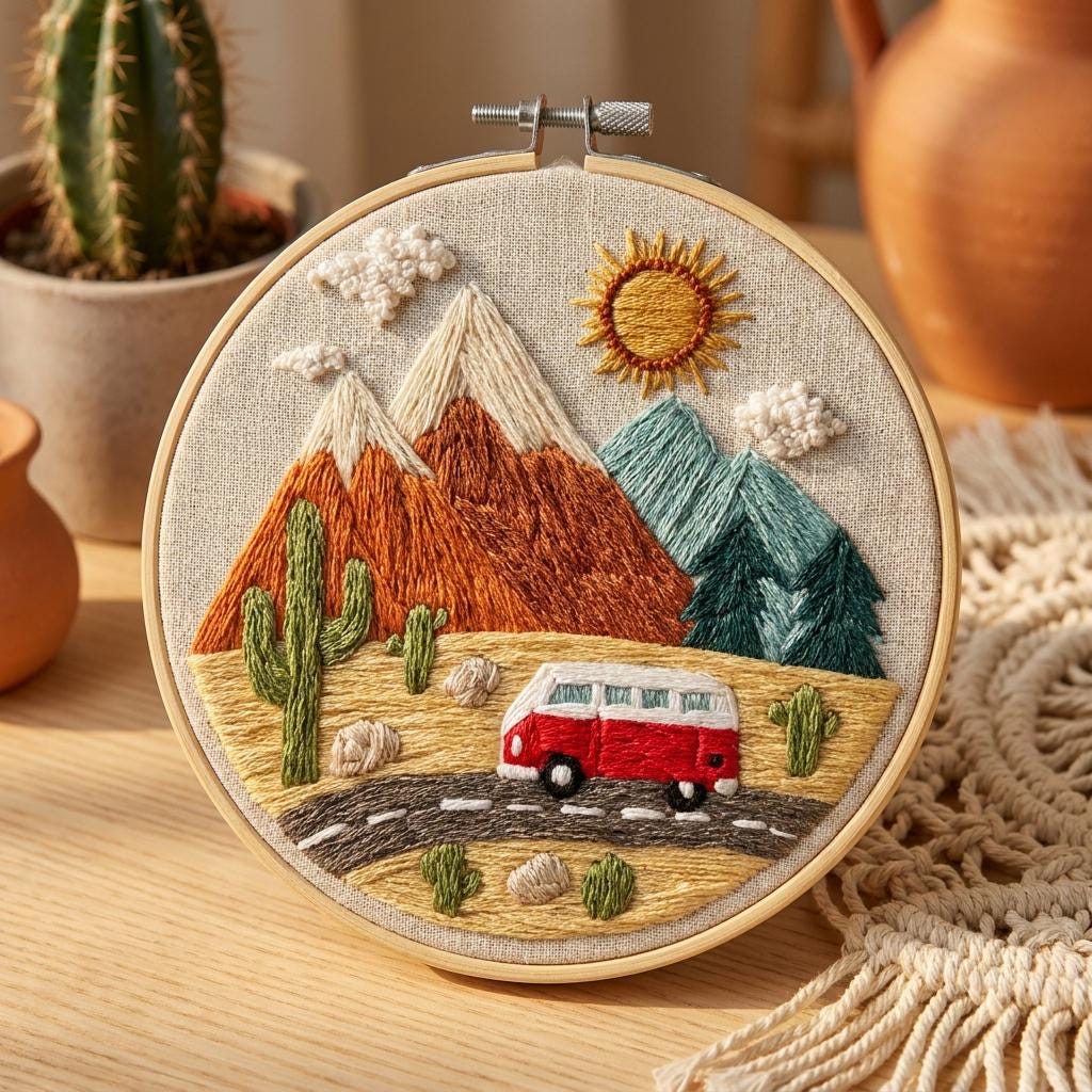 Desert Embroidery Kit for Adults, Mountain Bus Hand Embroidery Kit, Cactus Needlework Starter Kit, 20cm Beginner DIY Craft Gift