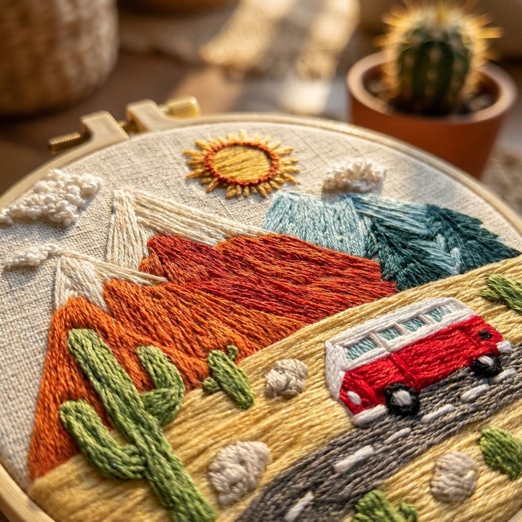 Desert Embroidery Kit for Adults, Mountain Bus Hand Embroidery Kit, Cactus Needlework Starter Kit, 20cm Beginner DIY Craft Gift