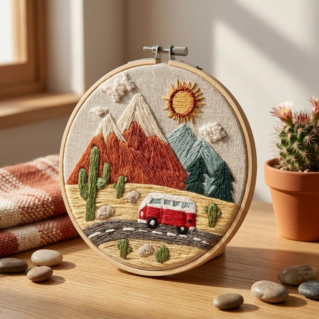 Desert Embroidery Kit for Adults, Mountain Bus Hand Embroidery Kit, Cactus Needlework Starter Kit, 20cm Beginner DIY Craft Gift
