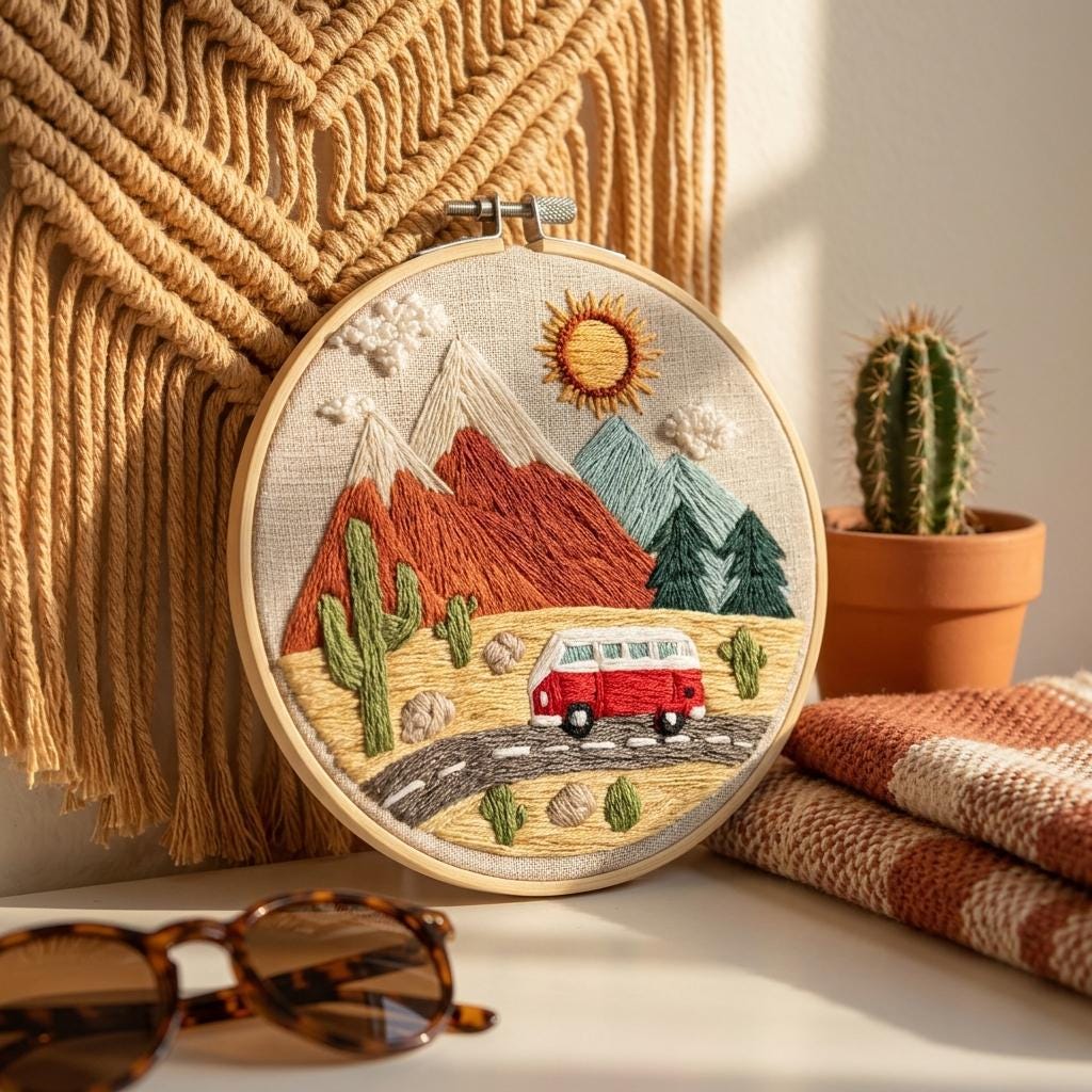 Desert Embroidery Kit for Adults, Mountain Bus Hand Embroidery Kit, Cactus Needlework Starter Kit, 20cm Beginner DIY Craft Gift