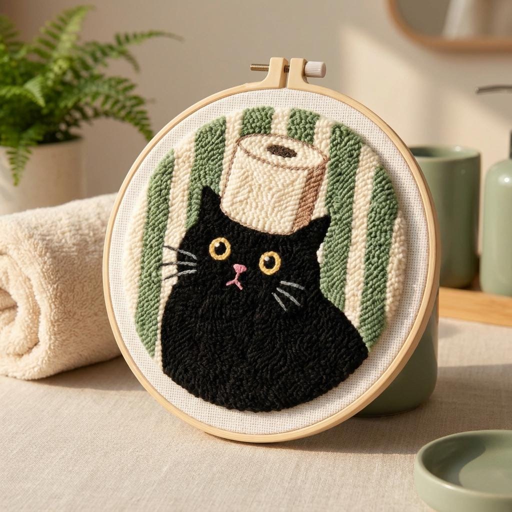 Cat Punch Needle Kit for Adults, Black Cat Embroidery Kit, Beginner Punch Needle Starter Kit, 20cm Funny DIY Needlework Craft