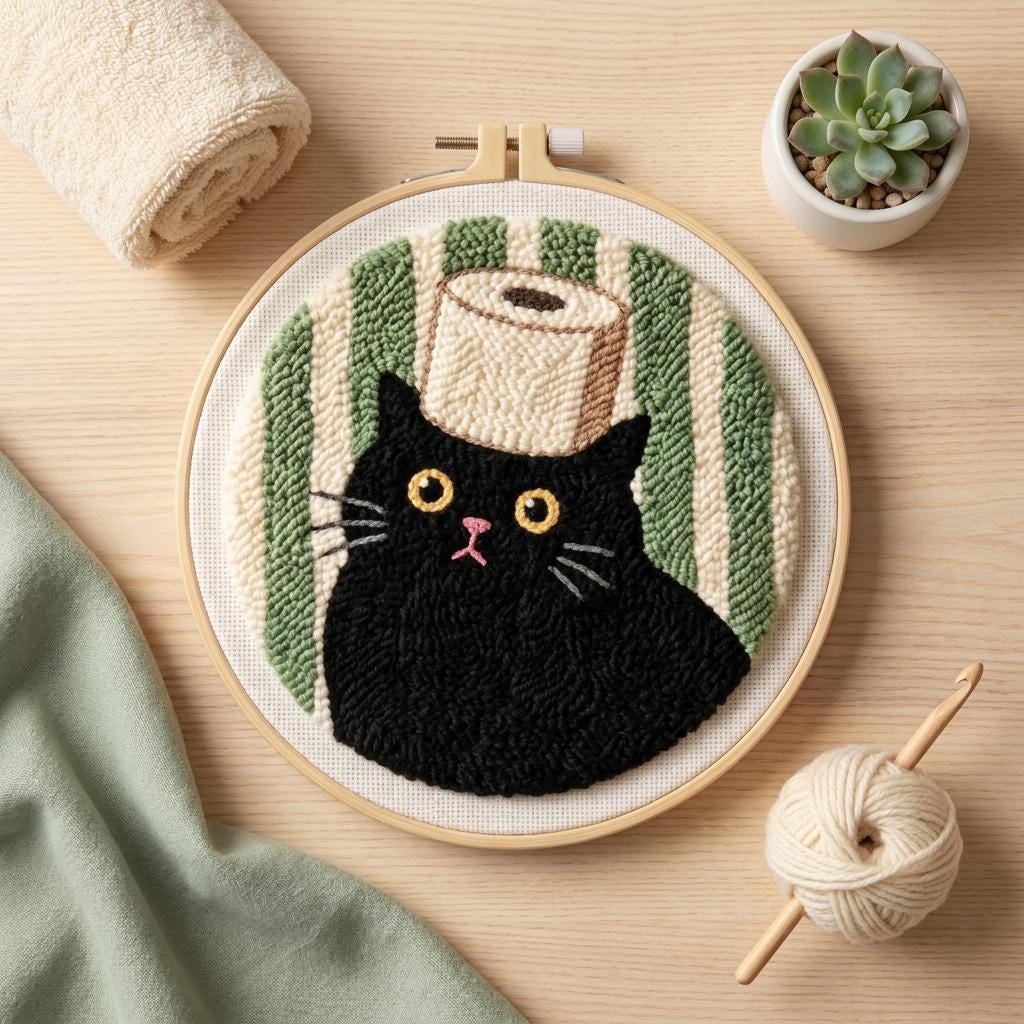 Cat Punch Needle Kit for Adults, Black Cat Embroidery Kit, Beginner Punch Needle Starter Kit, 20cm Funny DIY Needlework Craft