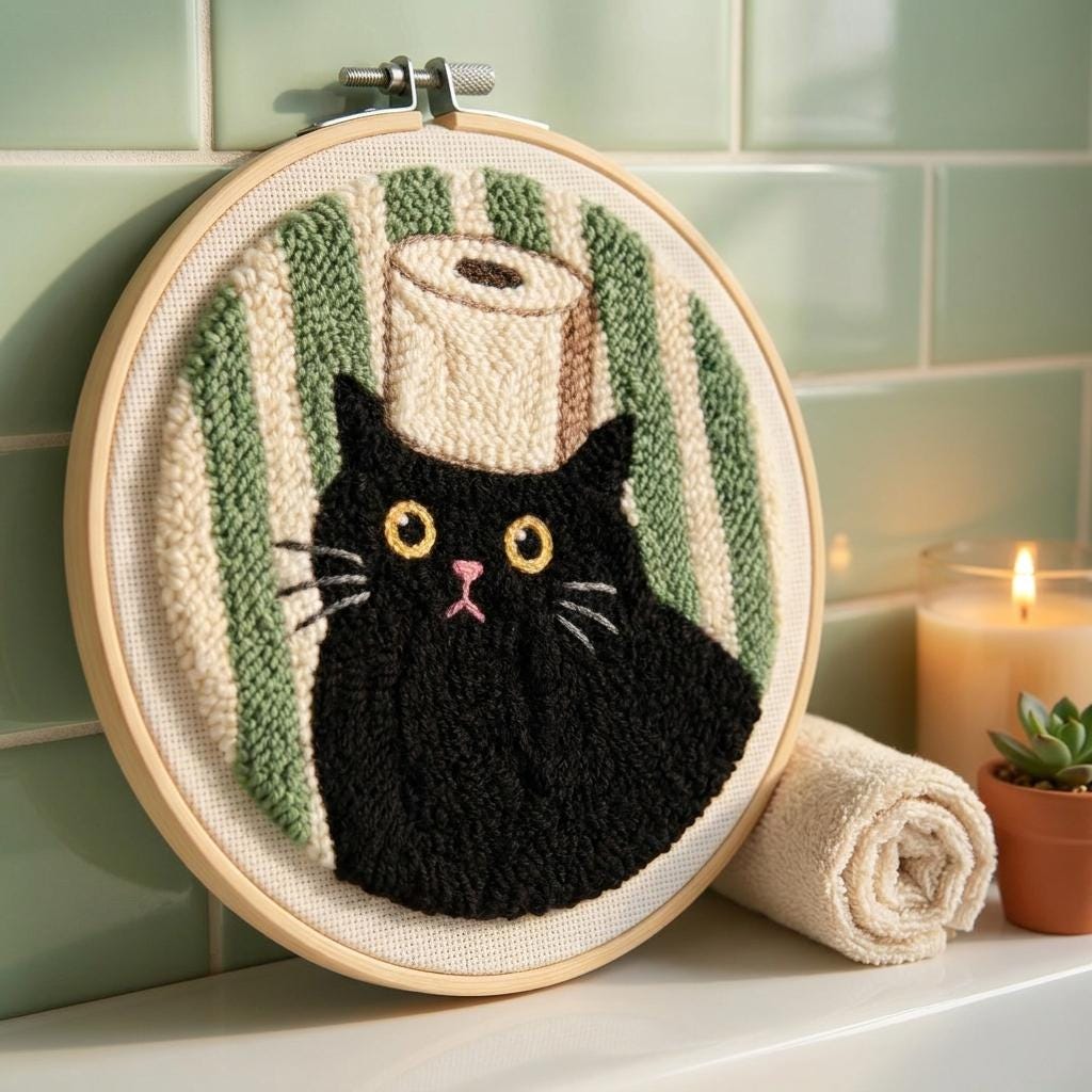 Cat Punch Needle Kit for Adults, Black Cat Embroidery Kit, Beginner Punch Needle Starter Kit, 20cm Funny DIY Needlework Craft