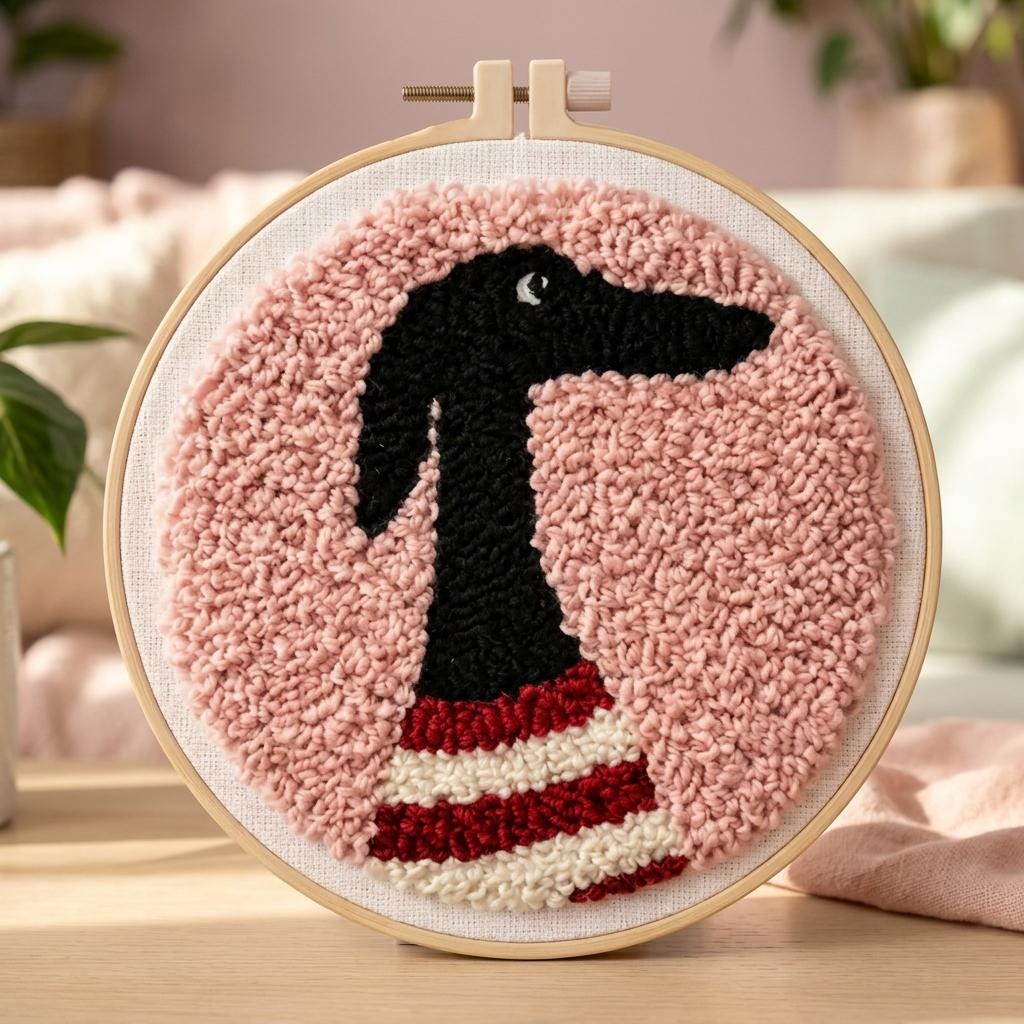 Dog Punch Needle Kit for Adults, Dachshund Embroidery Kit, 20cm Beginner Punch Needle Starter Kit, Cute DIY Yarn Craft Gift