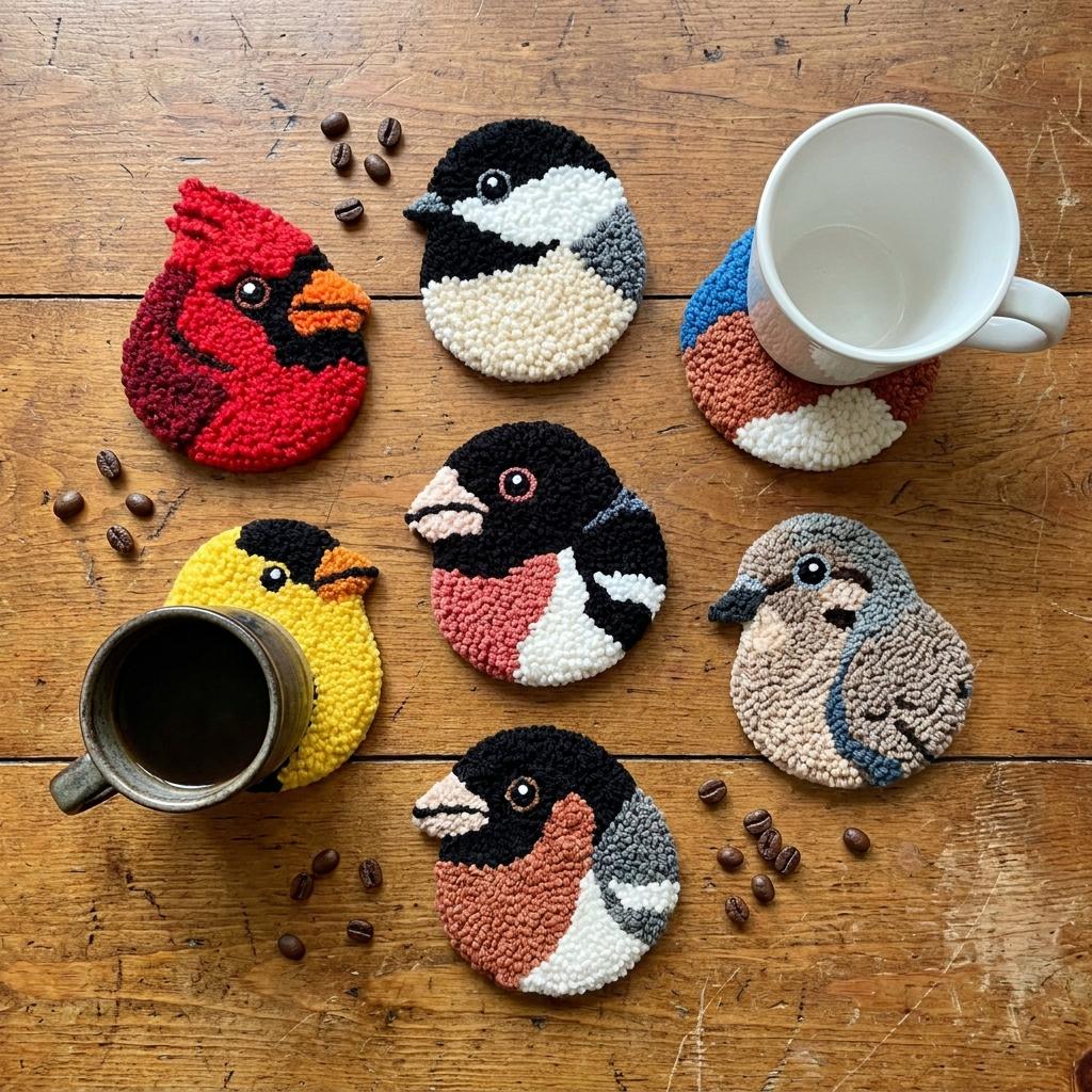 Bird Punch Needle Coaster Kit, 6 Bird Coasters DIY Craft Kit for Adults, Beginner Needlework Set, Handmade Gift for Bird Lovers