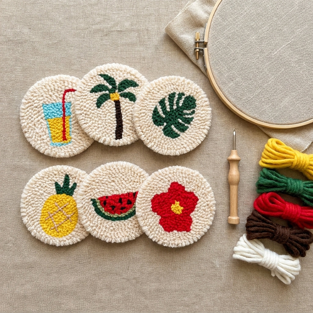 Tropical Punch Needle Coaster Set flatlay with kit materials