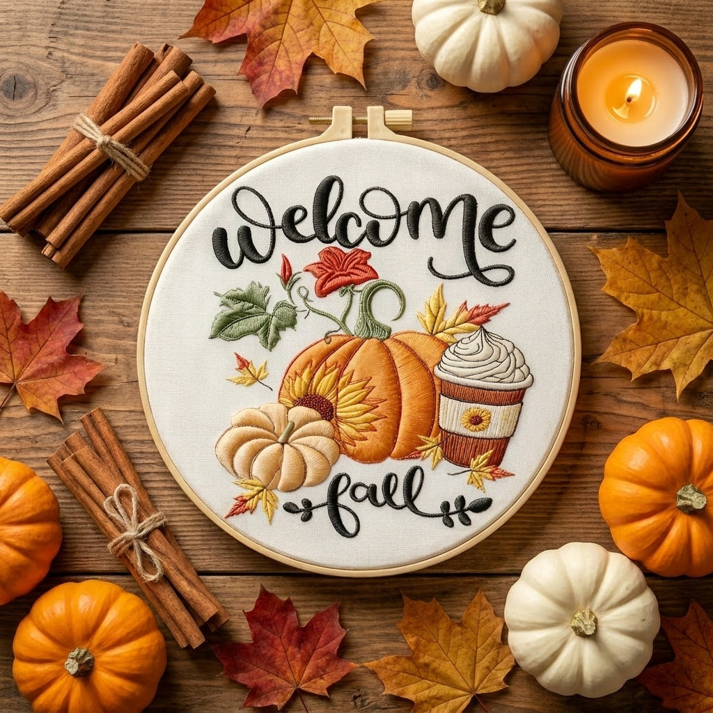 Cozy autumn flatlay with Welcome Fall embroidery hoop and seasonal decor