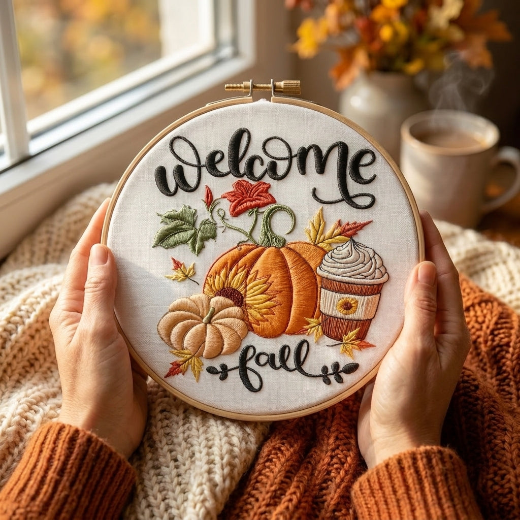 Hands holding the finished Welcome Fall embroidery hoop art